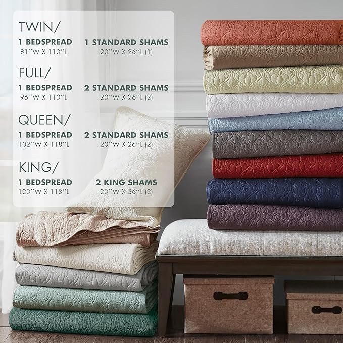 Madison Park King Bedspread Set Reversible Damask Quilted Oversized Coverlet, Cotton-Filled Quilts Oversized, All Season, Lofty & Warm Bedspread, Quebec, Balsam Green 3 Piece