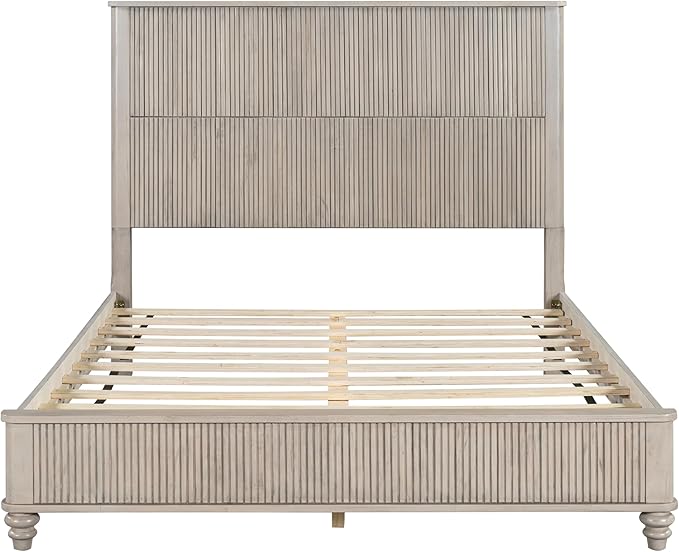 Queen Size Solid Wood Platform Bed Frame, Solid Wood Bed with 63.58" Headboard, Solid Wood Leg/No Box Spring Needed/Noise Free/Beige