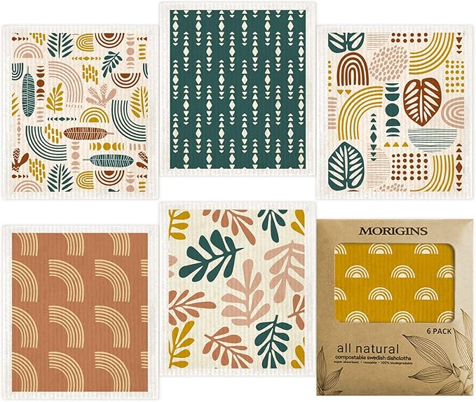 Morigins Swedish Dishcloths for Kitchen,6 Pack Minimalist Swedish Dish Towels,Cellulose Sponge Cloths,Non Scratch Reusable Paper Towels, Biodegradable and Reusable Kitchen Dish Rags