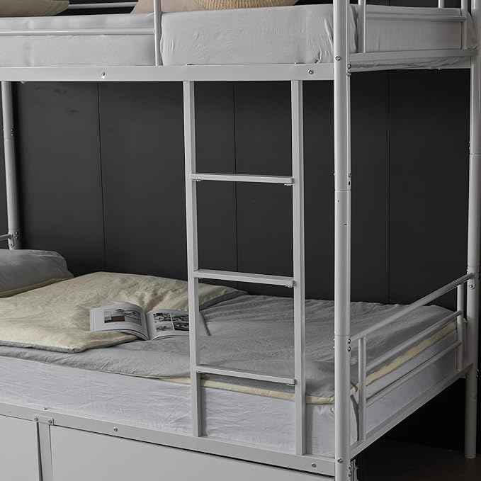 Karl home White Bunk Bed Twin Over Twin with 2 Storage Drawers, Metal Bunk Bed with Built-in Ladder and Safety Guardrail, Space-Saving Twin Bunk Beds for Kids, Teens & Adults, No Box Spring Needed