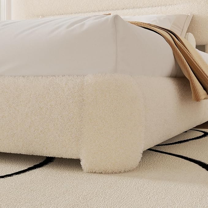 Queen Bed Frame, Cloud Upholstered Boucle Platform Bed with Adjustable Headboard, Anti-Collision Soft Rounded Corners, Noise Free, Easy Assembly, Cream