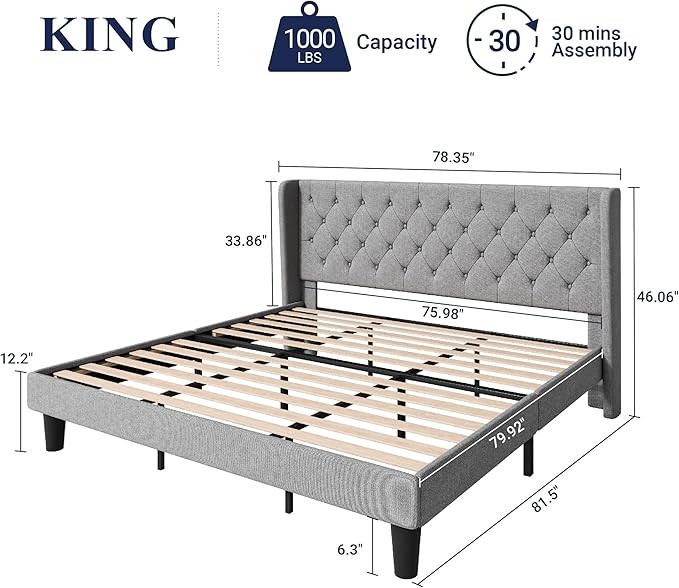 Allewie King Size Upholstered Platform Bed Frame with Wingback and Button Tufted Headboard for Reading, Strong Wood Slat Support, Modern Design, Easy Assembly, Light Grey