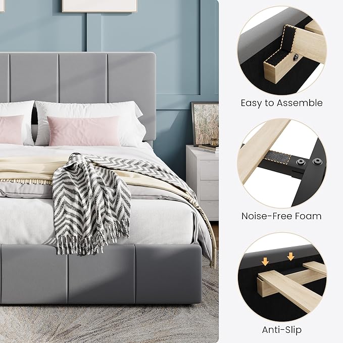 SHA CERLIN Full Size Bed Frame, Velvet Upholstered Platform Bed, Vertical Channel Tufted Adjustable Headboard, Low Profile Bed Frame, No Box Spring Needed, Easy Assembly, Grey