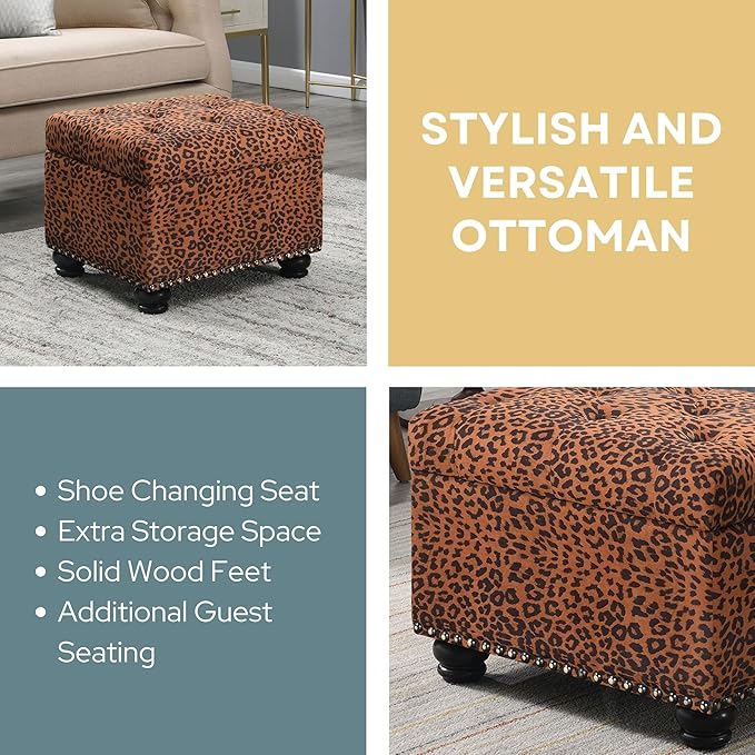 Convenience Concepts Designs4Comfort 5th Avenue Upholstered Storage Ottoman 24" - Contemporary Foot Stool and Seat with Hinged Lid for Living Room, Dining Room, Office, Forest Leopard Print Fabric
