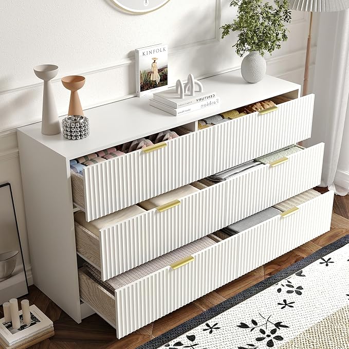 6 Drawers Fluted Dresser for Bedroom, 55" Wide Wooden Dresser with Deep Drawers, Large Floor Chest of Drawers, Modern Long TV Stand, Storage Cabinet Side Table, White