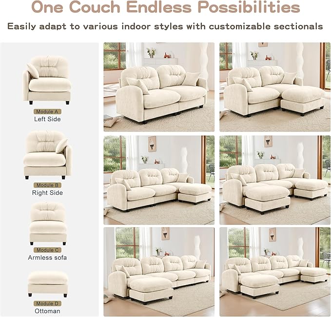107" Sofas for Living Room, Comfy Chenille Fabric Cloud Sectional Couch, Modern Upholstered Deep Seat Sofa with Armrest Pillow, 3 Seater Couch for Small Spaces Apartment, Beige
