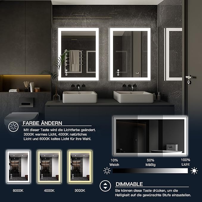 ISKM Framed LED Mirror for Bathroom 20"x28", Dimmable LED Bathroom Mirror with Lights, Anti-Fog, Front and Backlit Lighted Mirror 3-Colors, Shatterproof, Memory Function