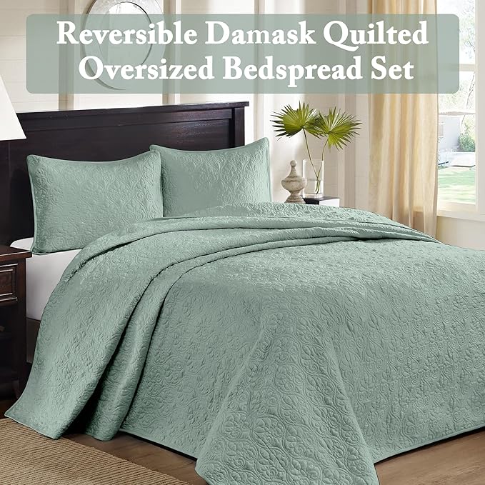 Madison Park Quebec Reversible Quilt Set Damask Design, Double Sided Stitching All Season, Lightweight Bedspread Bedding Set, Matching Sham, Seafoam, Full(96"x110") 3 Piece