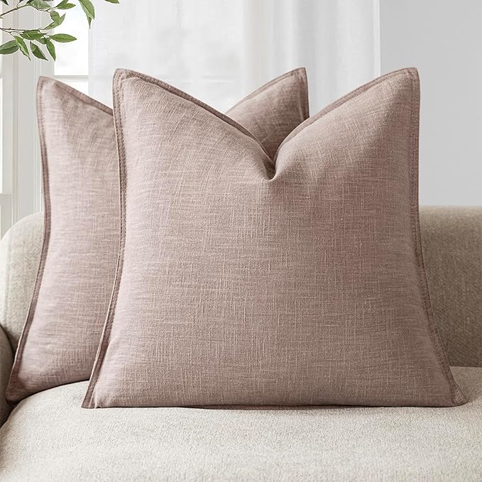 Foindtower Set of 2, Decorative Linen Soild Throw Pillow Covers Soft Accent Euro Cushion Case Boho Farmhouse Pillowcase for Chair Couch Sofa Bedroom Living Room Home Decor 18 x 18 Inch Dusty Pink