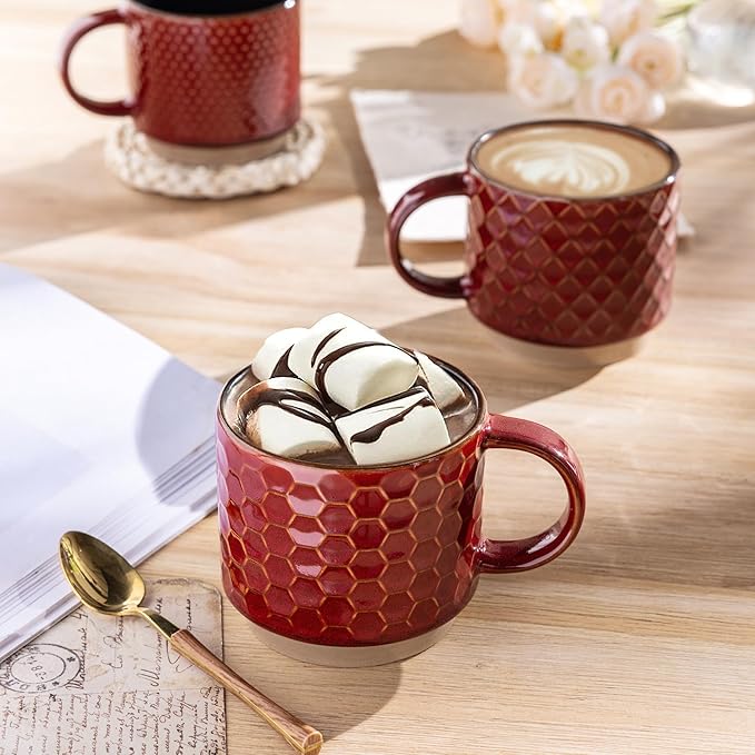 GBHOME 15OZ Stackable Coffee Mugs, Ceramic Coffee Cups with Texture Patterns for Man,Woman,Dad,Mom, Modern Coffee Mugs Set of 4 for Latte/Cappuccino/Cocoa. Dishwasher&Microwave Safe, Red