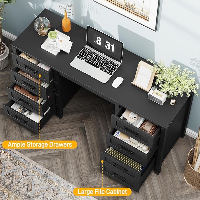 Vabches Farmhouse 60.6” Executive Desk with 7 Drawers, Computer Desk with File Drawer for Hanging Files A4, Workstation for Home Office, Study.Black