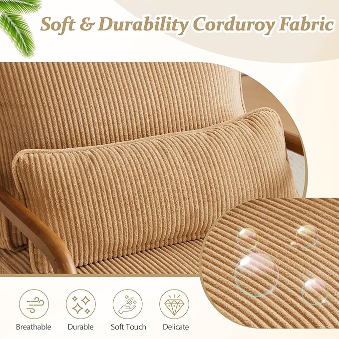 VINGLI Upgraded Premium Corduroy Accent Chair,Upholstered Arm Chair,Solid Wood Comfy Reading Chair with Lumbar Pillow, Mid Century Modern Chairs for Living Room,Bedroom,Guest Room,Khaki