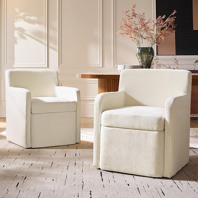 HULALA HOME Upholstered Dining Chair Set of 2 with Smooth-roling Castors, Modern Fabric Side Dining Room Chairs with Built-in Storage, Multi-Purpos Kitchen Chairs for Living Room, Beige