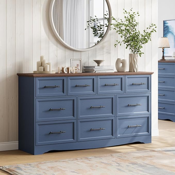 Blue Farmhouse Dresser for Bedroom, 10 Chest of Drawers, 59" Wide Chest of Drawers with Brushed Metal Handle, Wood Closet Organizers and Storage Cabinet for Bedroom, Living Room, Hallway