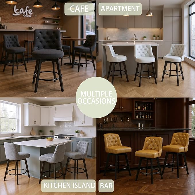 MINCETA Bar Stools Set of 2, PU Leather Barstools, 26 Inch Upholstered Counter Stools with Low Tufted Back and Footrest, Swivel Counter Height Barstools for Kitchen Island Home Bar Brown