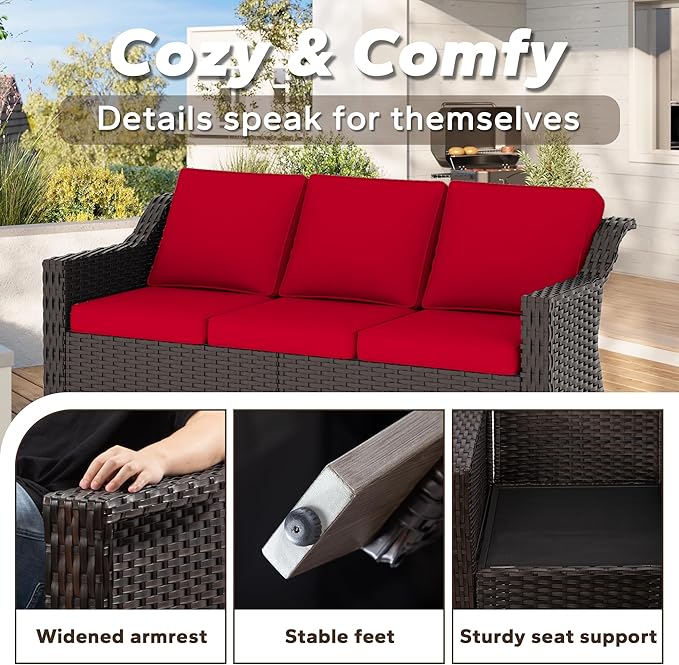 77'' Patio Sofa, All Weather Outdoor Rattan Wicker 3-Seat Sofa High Back Couch with Premium Cushions for Garden Backyard Porch(Brown/Red)