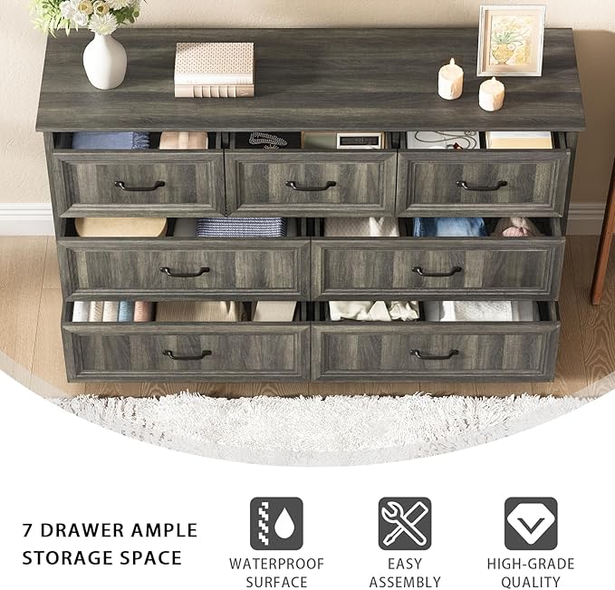 Farmhouse 7 Drawer Dresser for Bedroom, 55 Inch Wide Modern Grey Dresser TV Stand with Large Drawers & Bar Handles, Rustic Wood Chest of Drawers for Bedroom, Living Room