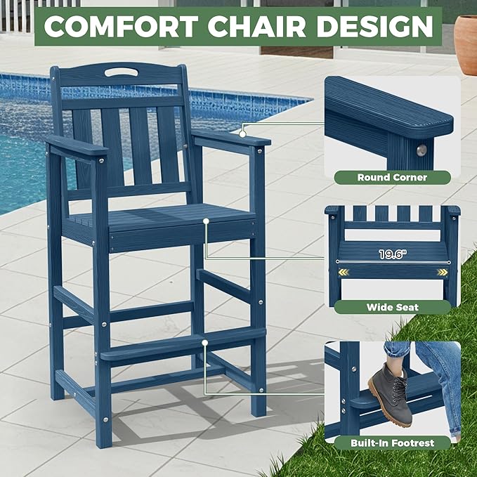 HDPE Outdoor Patio Tall Bar Chair, All-Weather Bar Height Balcony Adirondack Stools for Bistro, Garden, Backyard, Deck | Navy Blue