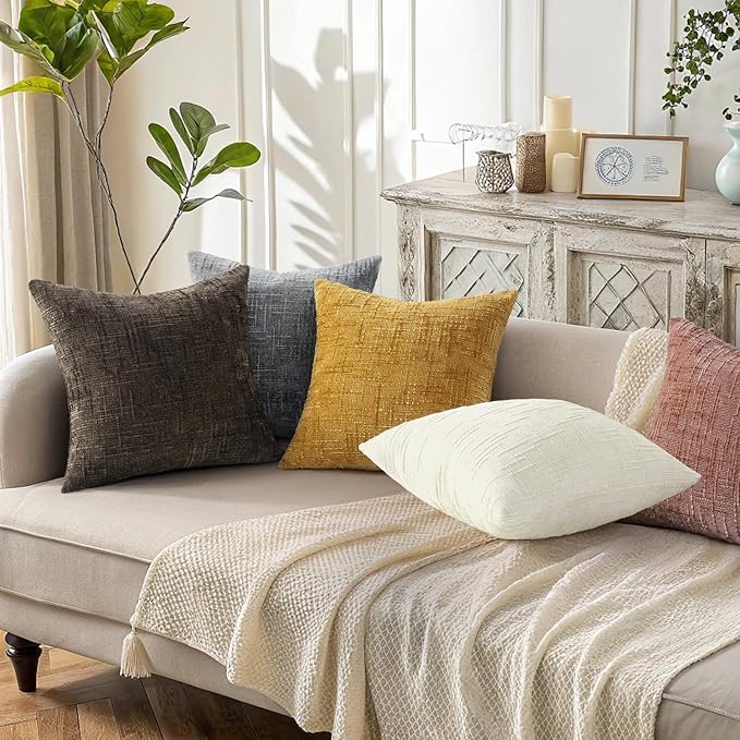 decorUhome Pink Chenille Throw Pillow Covers 18x18 Set of 2 Thick Textured Slubby Couch Pillow Covers Farmhouse Accent Modern Neutral Decorative Pillow Cases for Bed Sofa Living Room