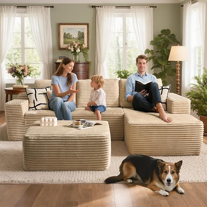 106" Cloud Sectional Couch with L-Shape Chaise & Ottoman, No Assembly Modular Sofa, Deep Seat Plush Corduroy Boneless Couched for Living Room (Beige Plush Corduroy, Right Facing Chaise with Ottoman)