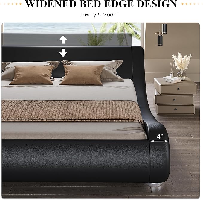 SHA CERLIN King Size Upholstered Bed Frame, Deluxe Low Profile Sleigh Bed with Faux Leather Ergonomics Headboard, No Box Spring Needed & Easy Assembly, Black