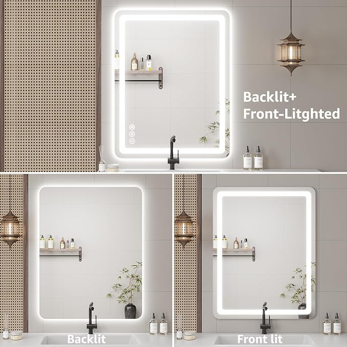 40" x 30" Led Bathroom Mirror with Lights, Anti-Fog & Tri-Color Lighting - Wall Mounted Shaving Mirror with Touch Sensor, Waterproof & Smart LED Vanity Mirror,Tempered Glass, Dimmable Smart Mirror
