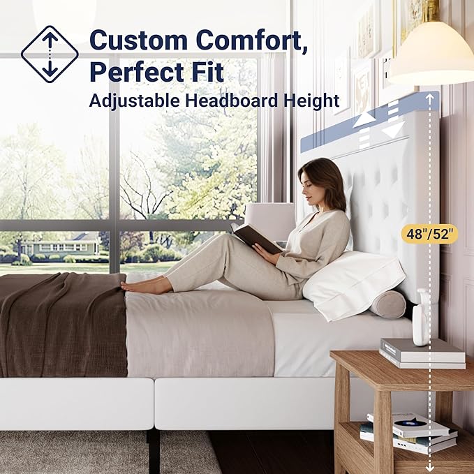 Allewie King Size Velvet Upholstered Bed Frame with Adjustable Headboard, Diamond Tufted Design, Wood Slat Support, Noise-Free EVA Strip, Easy Assembly, White