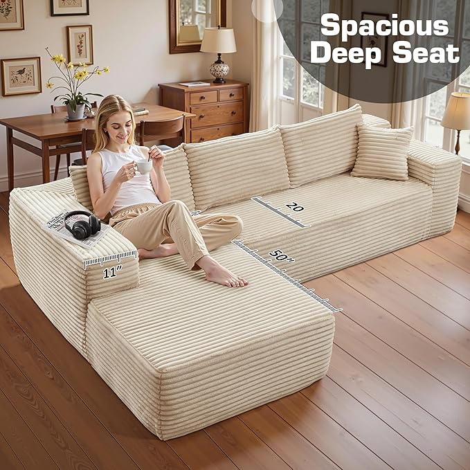 106" Cloud Sectional Couch with Chaise Lounge,L Shaped Modular Modern Sofa,Comfy Corduroy Fluffy Couches with Deep Seat,No Assembly Required Couch for Living Room(Left,Plush Corduroy,Beige)