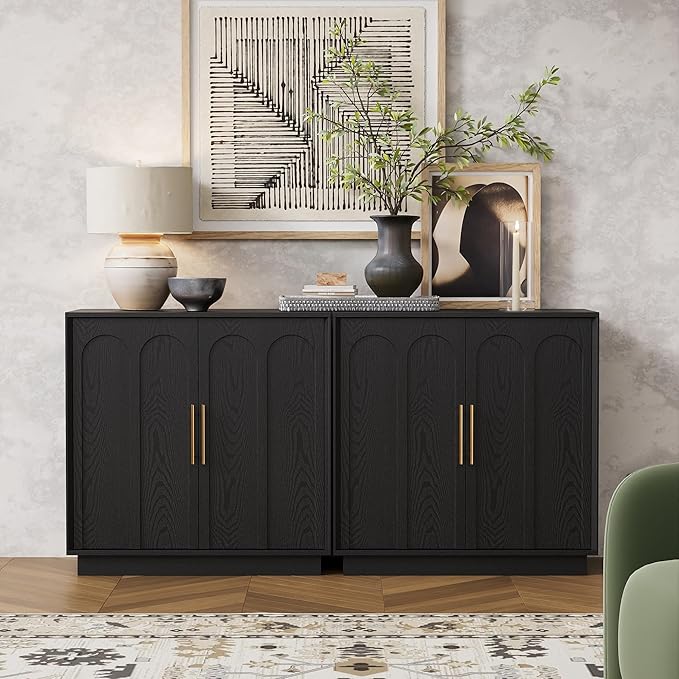 Sideboard Buffet Cabinet with Storage, Modern Accent Cabinet with Arched Doors & Shelf, 31.5" Modular Media Console, Minimalist Credenza for Living Room Kitchen Dining Room Entryway, Black