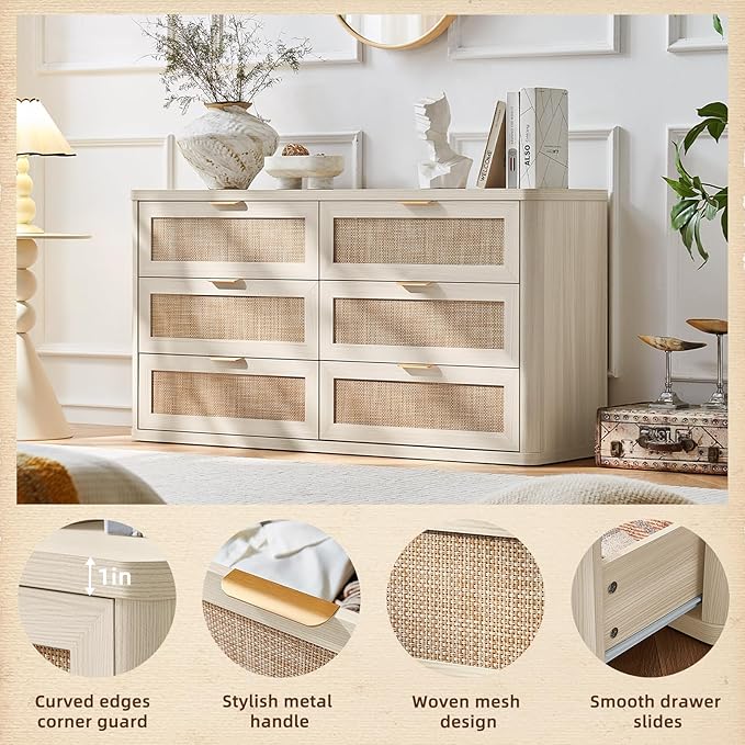 LEYAOYAO Rattan 6 Drawer Dresser for Bedroom Set of 2, Boho 54" Wide White Dresser Chest of Drawers, Dressers TV Stand with Metal Handle, Storage Dressers Closet Organizer for Living Room, Hallway