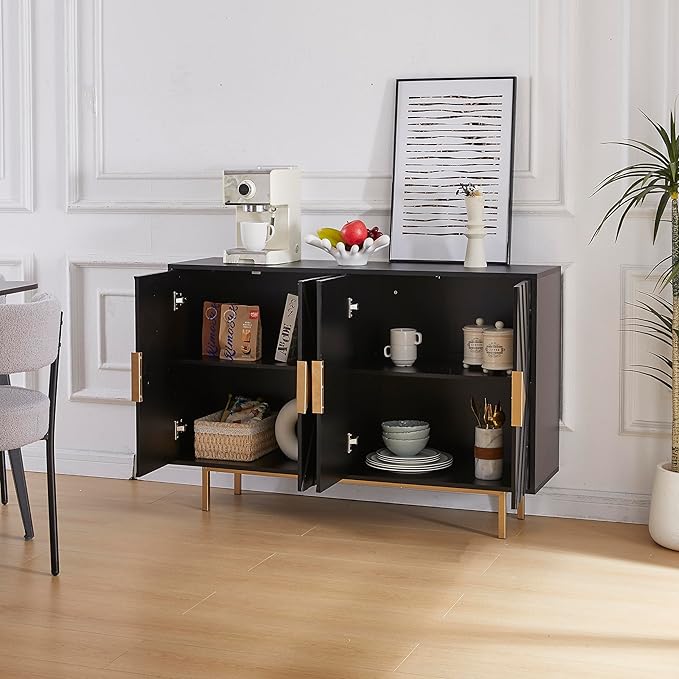 Sideboard Buffet Cabinets with Storage, 47.2" Mid-Century Modern Storage Cabinets with Adjustable Shelves, Relief 4 Doors Accent Cabinets, Wood Console Cabinet for Dining Living Room, Entryway, Black