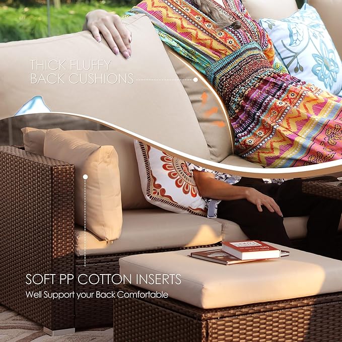 NICESOUL 7 Piece Outdoor Patio Furniture Set with Fire Pit Table Natural Gas & Propane Convertible, 29.3'' High Backrest Deep Wide Seating Conversation Sets, Wicker Sectional Couches, Brown & Beige