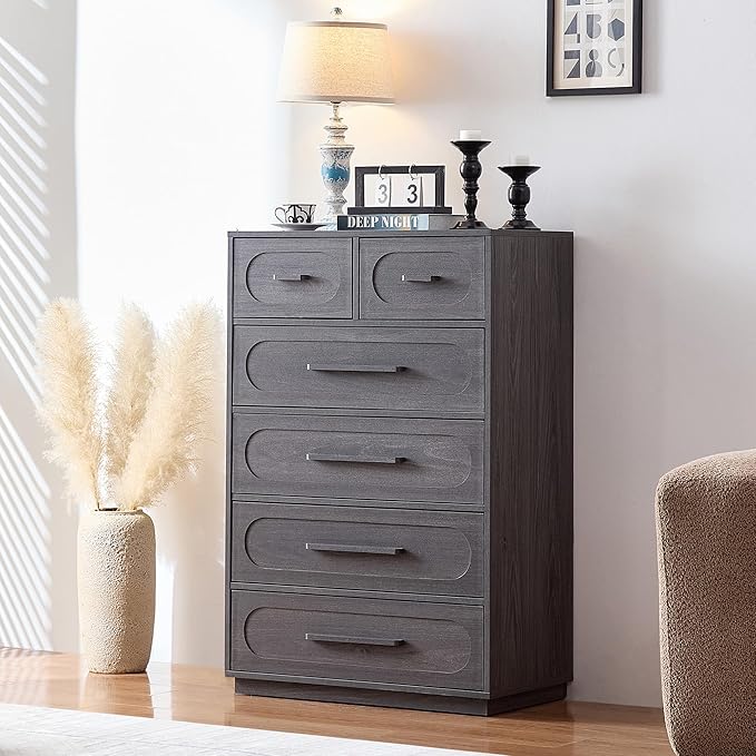 Gray 6 Drawer Dresser for Bedroom, 44" Tall Dressers & Chest of Drawers w/Solid Wood Handle, Wood Mid Century Closet Organizers and Storage Cabinet for Bedroom, Living Room, Hallway, Gray