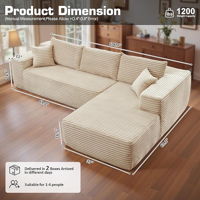 106" Cloud Sectional Couch with Chaise Lounge,L Shaped Modular Modern Sofa,Comfy Corduroy Fluffy Couches with Deep Seat,No Assembly Required Couch for Living Room(Right,Plush Corduroy,Beige)