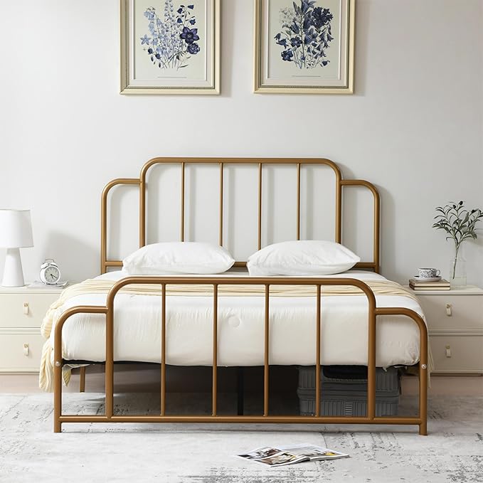 PINJU Metal Platform Bed Frame with Headboard and Footboard, Classic Style, Sturdy Metal Slats, No Box Spring Needed, Easy Installation (Gold, Queen)