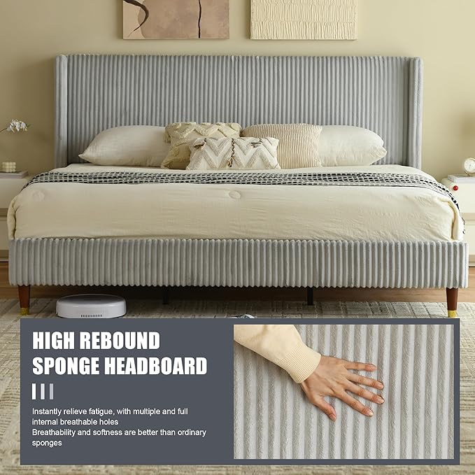PINJU King Size Bed Frame, Upholstered Platform Bed with Modern Vertical Striped Wingback Headboard with Wooden Slats, Easy to Assemble No Noise Free (Grey, King (U.S. Standard))