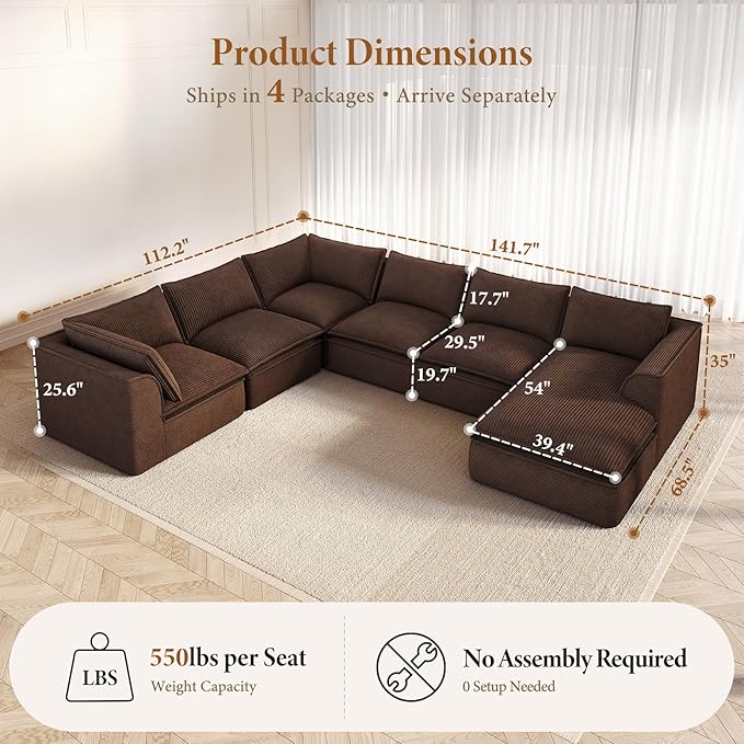 Vesgantti 141.7" Oversized Boneless Sectional Couch, Modern 7 Seater Modular Sofa with Chaise, Deep Seat Convertible Corduroy Cloud Couches for Living Room, No Assembly Required, Dark Brown
