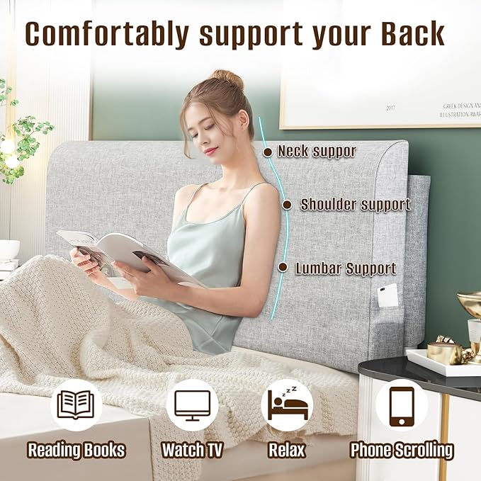 Upholstered Queen Headboard, No Tools Needed, Wall Mounted Headboard with Removeable Washable Linen, Multi-Functional Backrest (Grey)