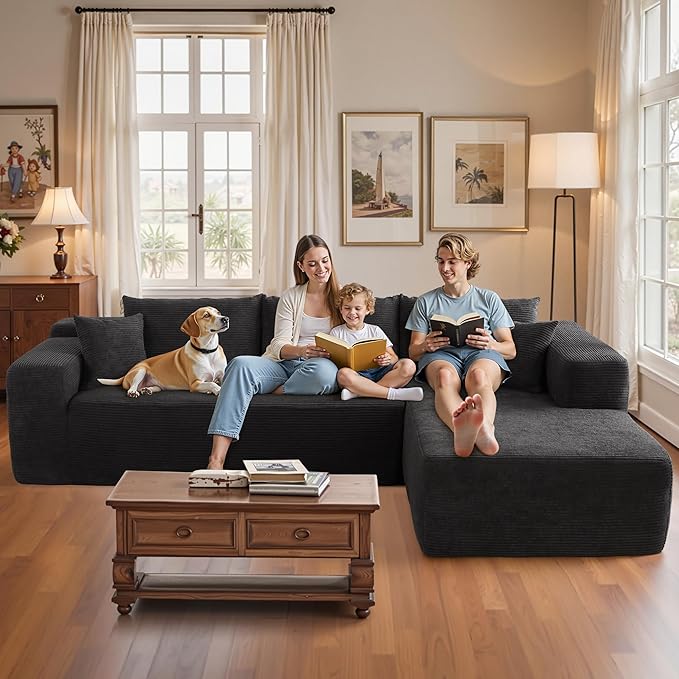 106" Cloud Sectional Couch with Chaise Lounge,L Shaped Modular Modern Sofa,Comfy Corduroy Fluffy Sofa with Deep Seat,No Assembly Required Couch for Living Room(Right,Stripe Corduroy,Black)