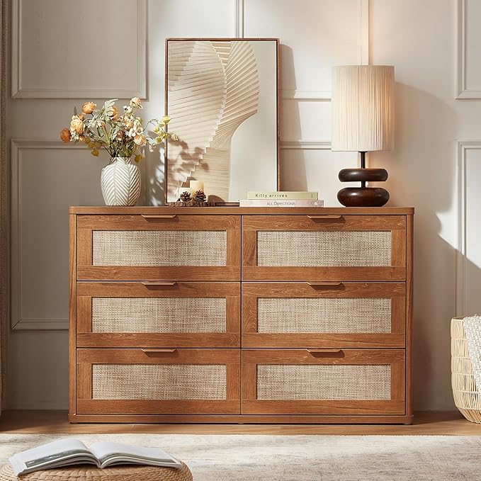 LEYAOYAO Rattan 6 Drawer Dresser for Bedroom, 48" Wide Boho Chest of Drawers, Wooden Dressers TV Stand with Metal Handle, Storage Closet Organizer for Living Room, Hallway, Tea Brown