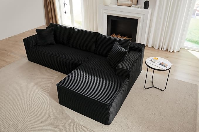 Cloud Sectional Couch, Corduroy Modular Sectional Sofa with L-Shape Chaise, Modern Boneless Couch Comfy Deep Seat for Living Room, Bedroom, Apartment, No Assembly (Black, Right Facing Chaise)