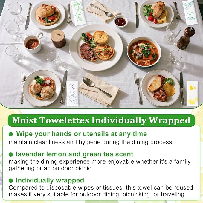 Moist Cotton Towel Bulk Moist Towelettes Individually Wrapped,White Towel Services,Refreshment Pre Moistened Towels for Dentist Travel Sport Party Hotel 240，Lavender,Green tea, Lemon and Cucumber