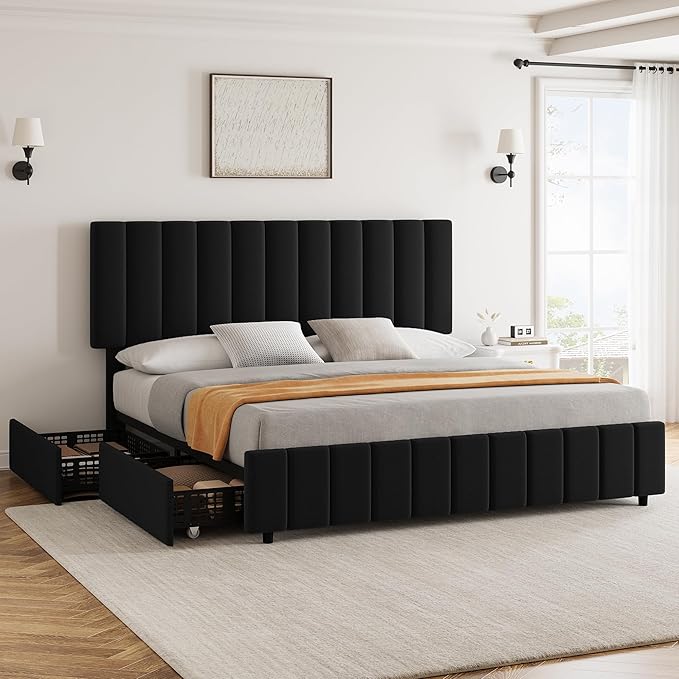 Garvee Full Size Bed Frame with 4 Storage Drawers, Adjustable Height Headboard, Linen Upholstered Platform Bed Frame, No Box Spring Needed, Easy Assembly, Black