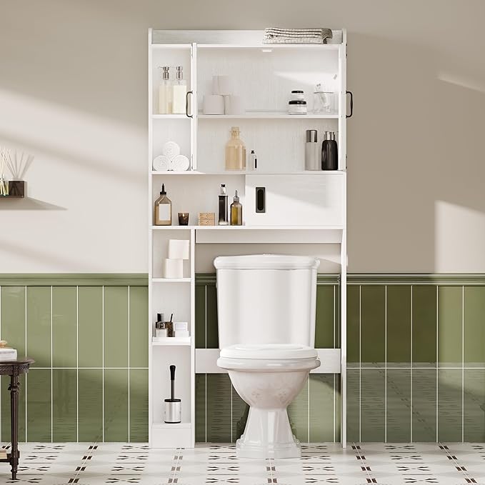 ChooChoo Over The Toilet Storage Cabinet, Farmhouse Bathroom Storage Cabinet with Sliding Door, Over Toilet Storage with Adjustable Shelves, Space-Saving, White