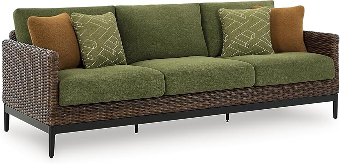 Signature Design by Ashley Horizon Hall Vintage Outdoor Nuvella Weather Resistant Fabric, Resin Wicker Sofa with Cushion and 2 Accent Pillows, Green & Dark Brown