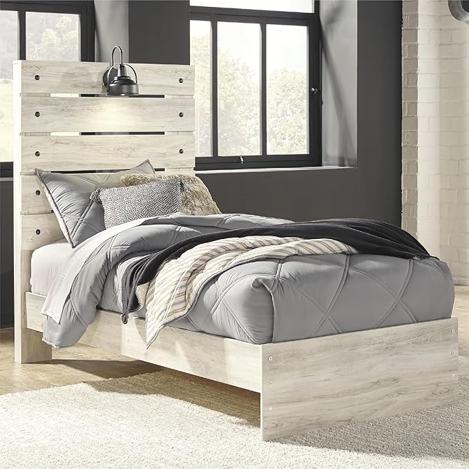Signature Design by Ashley Cambeck Farmhouse Twin Panel Bed with Sconce Light and USB Ports, Foundation or Box Spring Needed, Whitewash