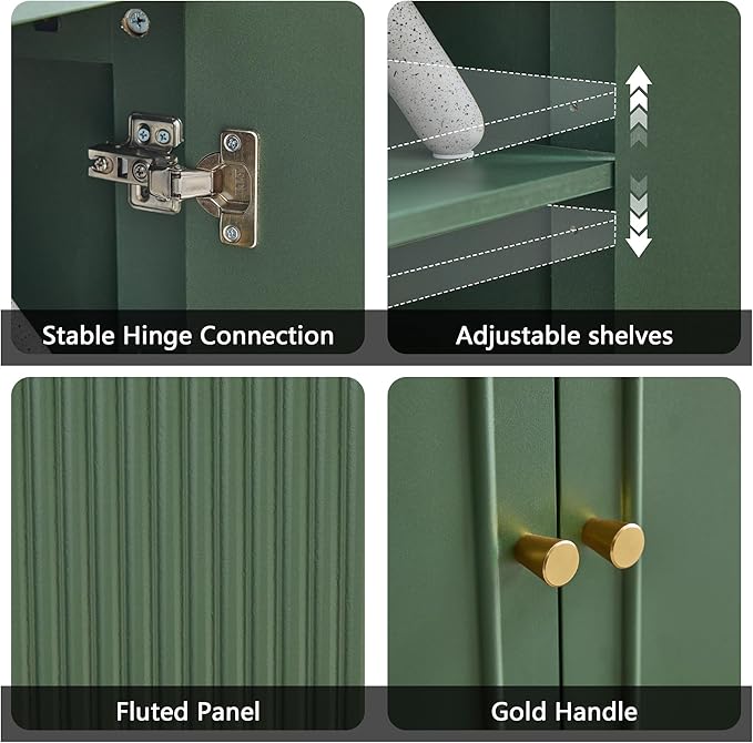 63'' Fluted Sideboard Buffet Cabinet with Storage and 6 Doors, Low Storage Cabinet Modern Wooden Accent Credenza Console Table for Kitchen Dining Living Room Entryway, (63"W*15.75"D*21.4"H) Green
