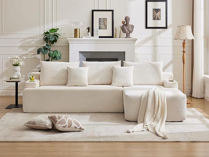 106" Cloud Sectional Couch, Modular Sectional Sofa with L-Shape Chaise, Corduroy Boneless Couch with Deep Seat, Upholstered Sofa for Living Room, No Assembly Required(Right-Facing Chaise, White)