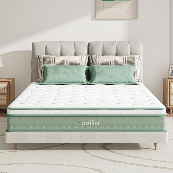 Novilla Queen Size Mattress, 10 Inch Hybrid Mattress in a Box, Foam with Individual Pocket Coils for Quality Sleep, Pillow Top Queen Mattresses with Quilted Cover, Release Pressure