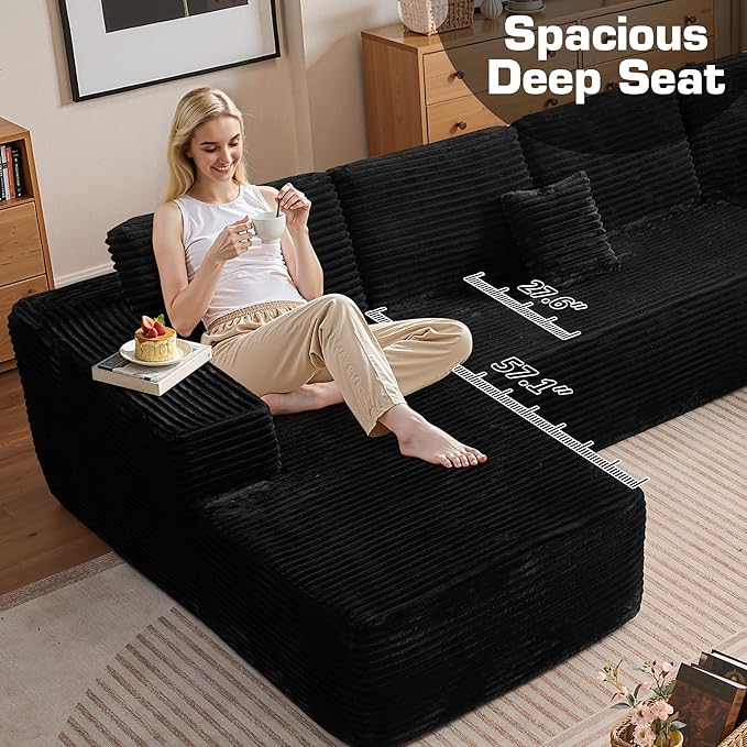 133.1'' Boneless Sectional Couches for Living Room, Oversized Cloud Couch with Chaise & Ottoman, Modular Sofa Sets Deep Seat Plush Corduroy, No Assembly Required,Plush Corduroy,Black